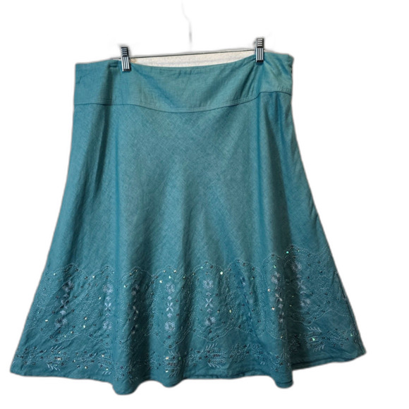 Merona A-Line Skirt Sz 18W Teal Linen Blend Skater Sequin Boho Summer Classic - Picture 1 of 10